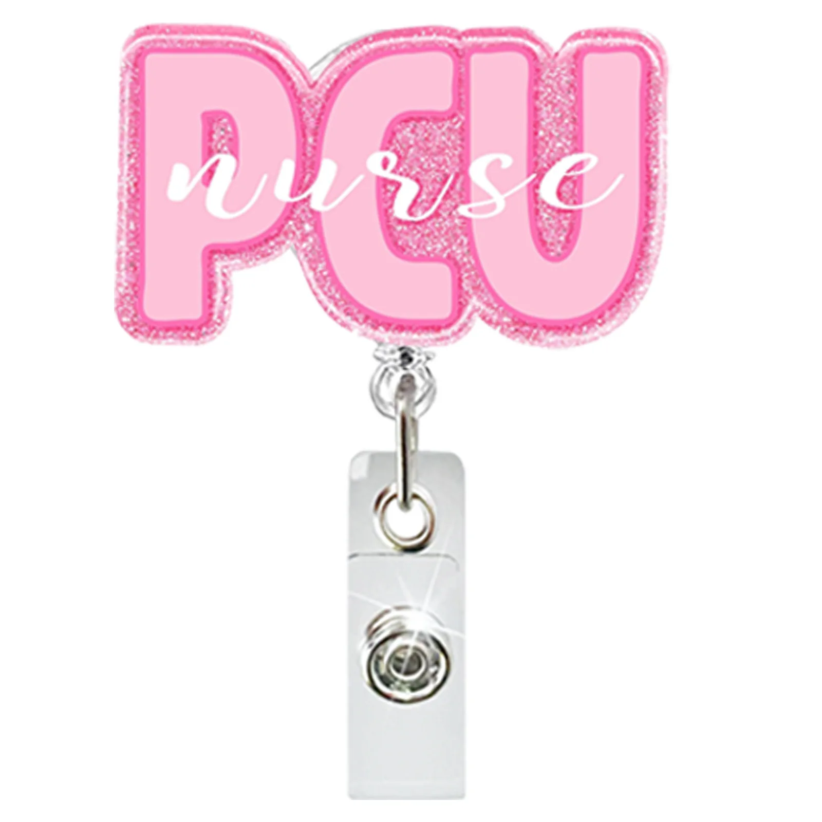 Pink Icu Acrylic Retractable Badge Reel For Nurse Doctor Medical Worker Rotating Crocodile Clip Id Badge Holder