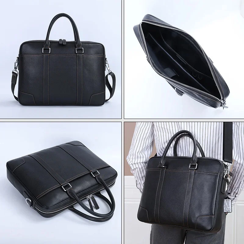 Genuine Leather High-End Men Briefcase Horizontal Business Handbag Large Capacity Fashion Shoulder Messenger Male File Bag