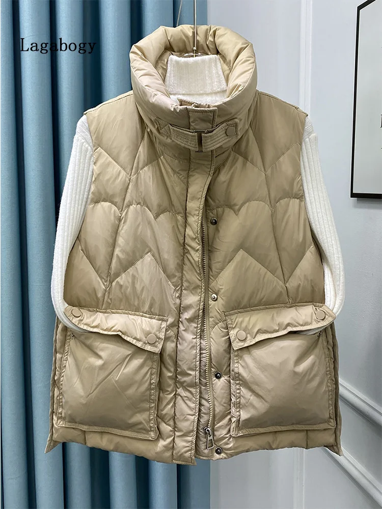 

Duck Lagabogy 2023 New Winter 90% White Down Vest Women Solid Big Pockets Ladies Casual Sleeveless Jacket Female Warm Waistcoat