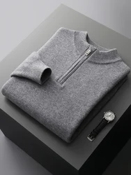 Autumn Winter Men 100% Merino Wool Pullover Mock Neck Knitwear Sweater Long Sleeve Thick Cashmere Bottom Jumper Clothing Tops