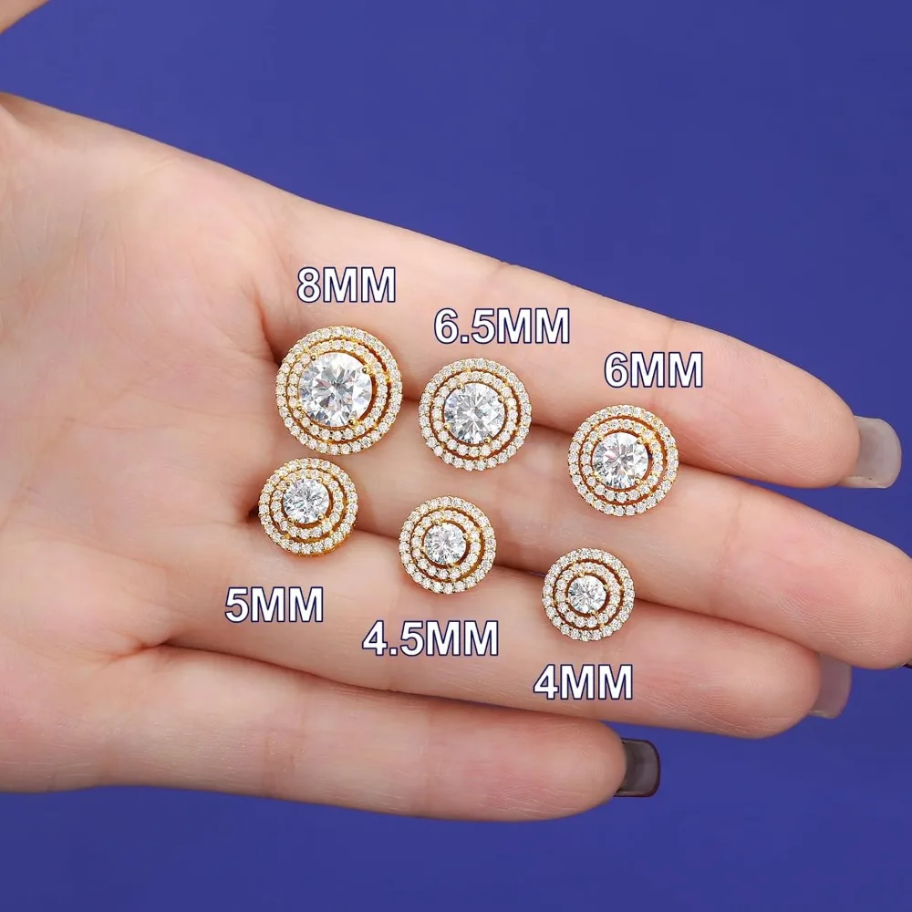 أقراط مويسانيتي مزدوجة هالة برغي خلفي من الفضة الإسترليني المطلية بالذهب عيار 18 قيراط - أقراط مويسانيتي كبيرة الحجم للنساء