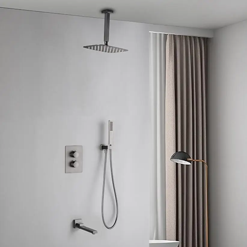 Gunmetal gray color 10 or 12 inch Rain Shower Head Bathroom Brass Thermostatic Bath ceiling Shower Set faucet shower set