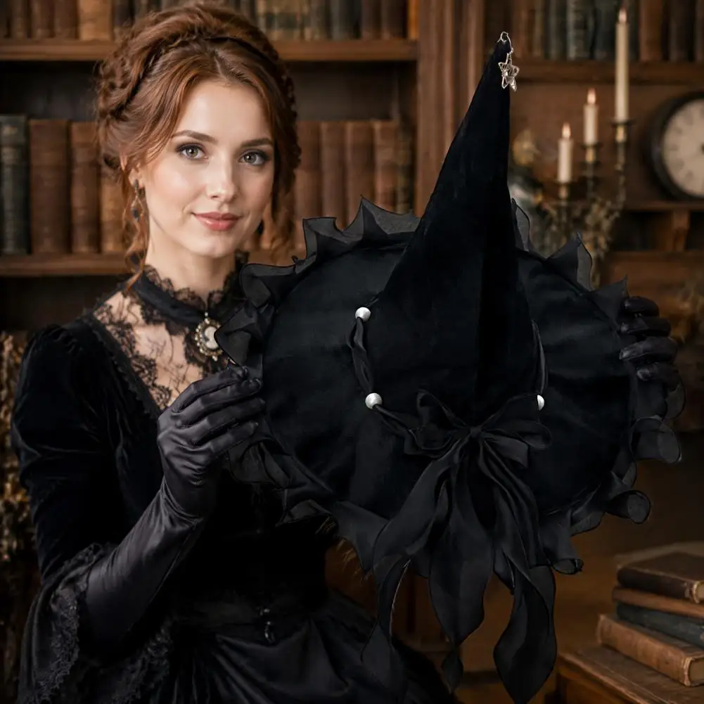 Outdoor Indoor Holiday Decor Halloween Witch Hat with Pointed Top Durable Polyester Costume Accessory Bow Decor for Haunted