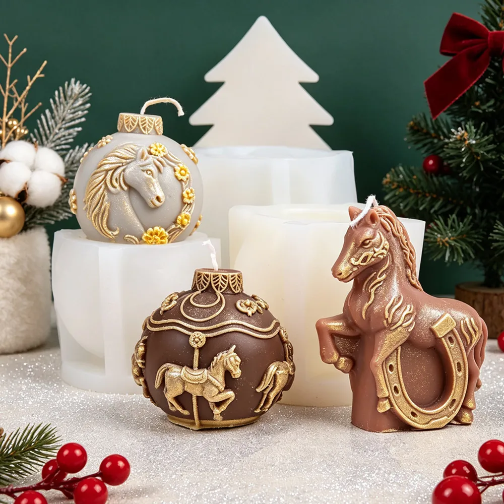 3D Christmas Bell Ball Shape Silicone Mold with Relief Carousel/Flower Horse Details Candle Making Mold DIY Horseshoe Horse Mold
