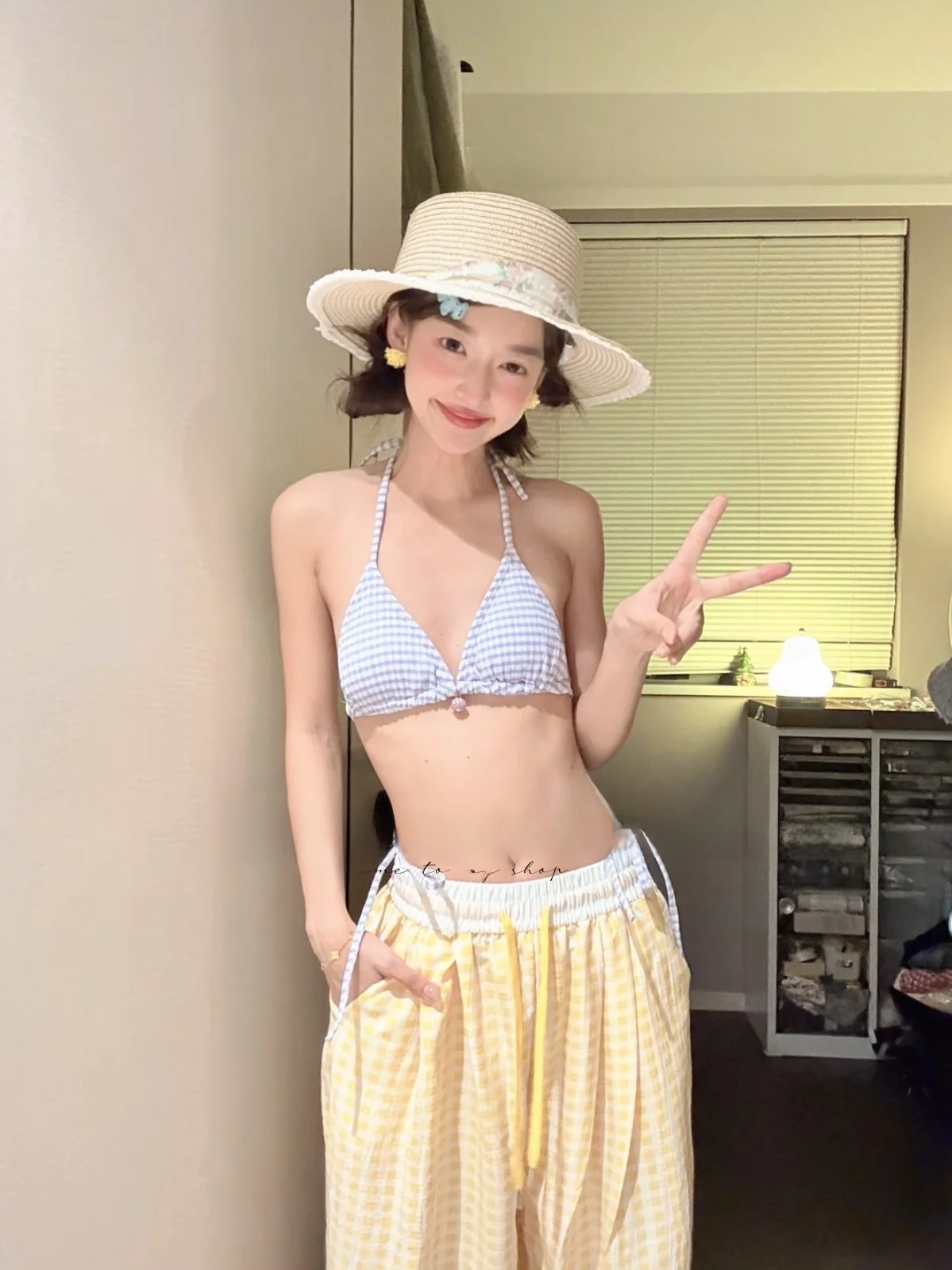 

Women's Sexy Yellow Purple Plaid Bikini Set Beach Vaion Sle Thermal Spring Break Slimming Cover up Tee Piece Swimsuit