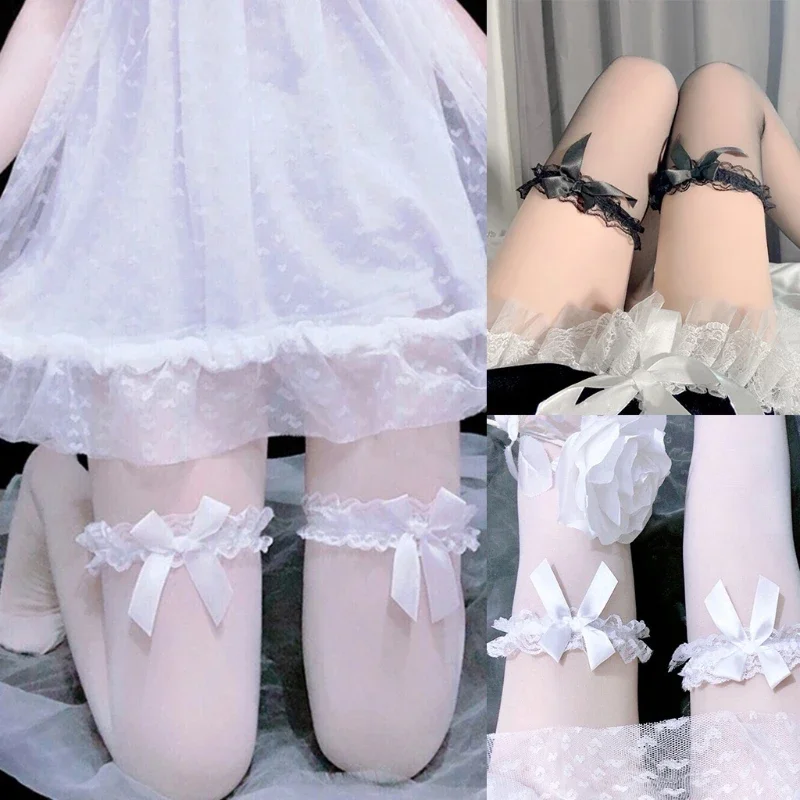 Women Sweet Ruffled Lace Top Thigh High Stockings Bow Knot Sexy See-Through Silky Over The Knee Long Socks Maid C