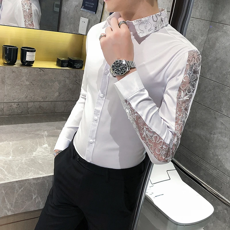 Chemise Homme Fashion Sexy Lace Long Sleeve Elegant Shirts For Men Clothing Slim Fit Casual Men's Social Shirt Tuxedo Big Size