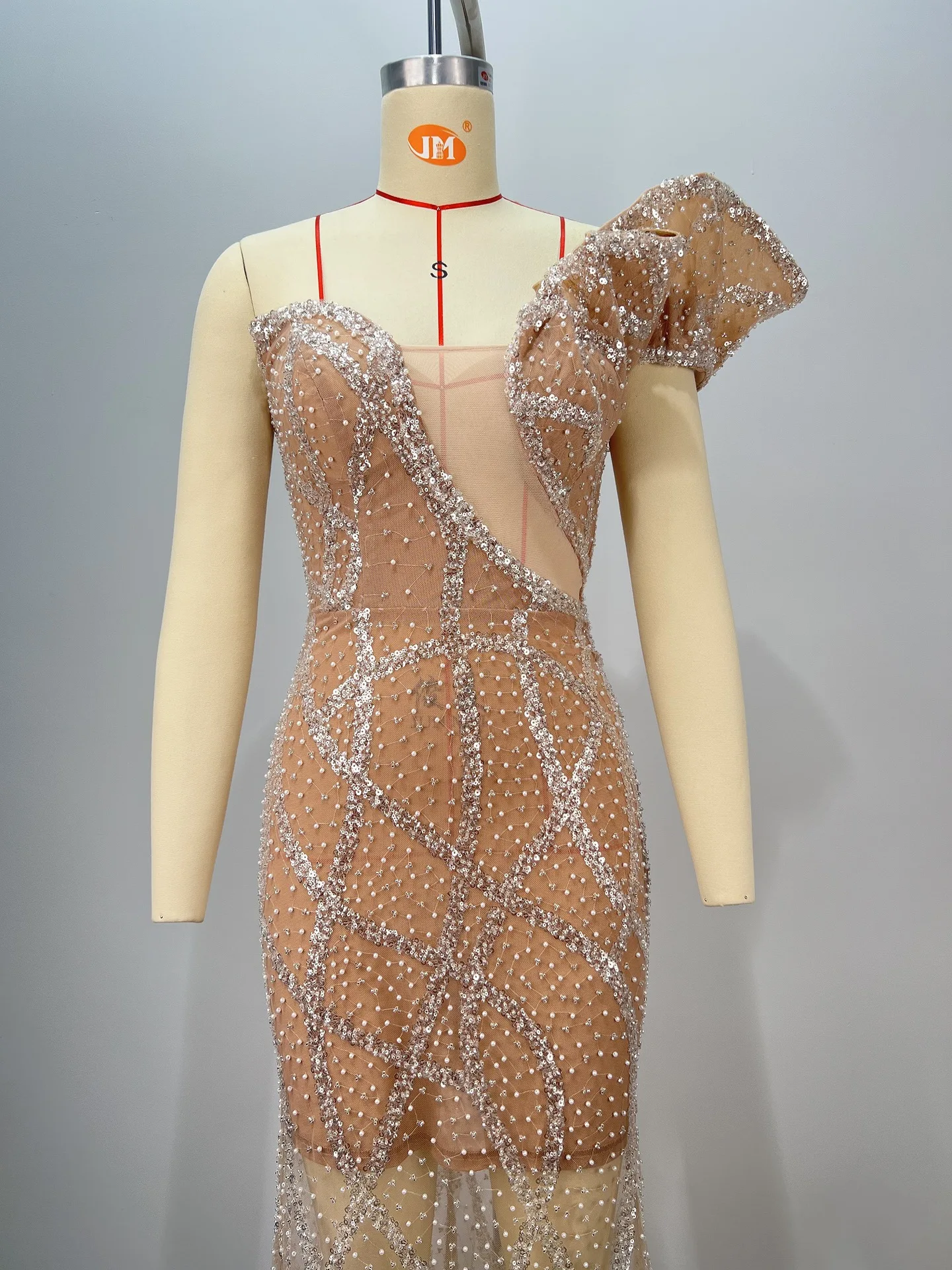 Sequin Embroidered Sexy One-Shoulder Sheer Mesh Mermaid Dress High-End Evening Performance Gown