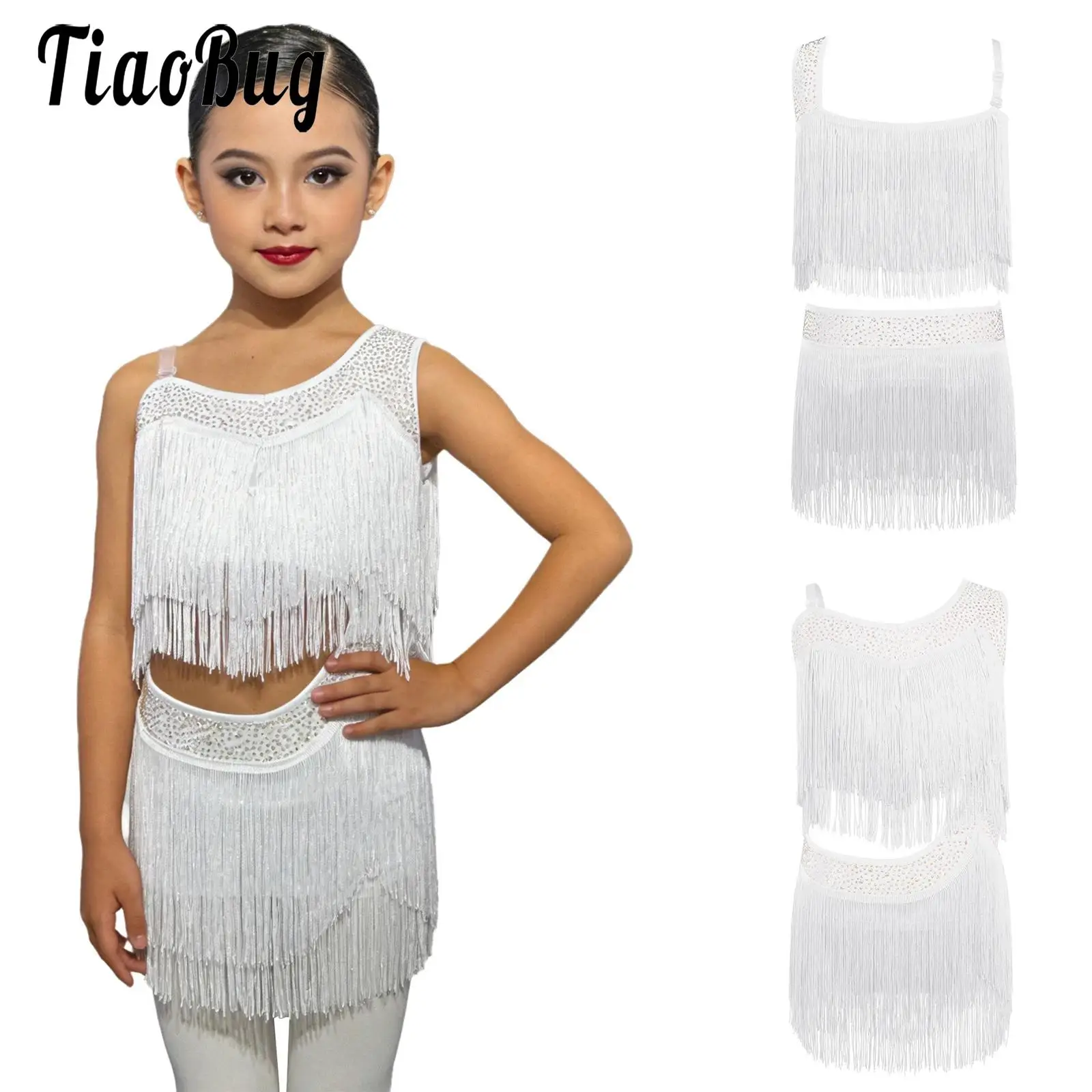 Kids Girls Tassel Latin Samba Jazz Dance Dress Performance Costume Asymmetrical Leotards Fringed Dress for Tango Rumba Cha-Cha