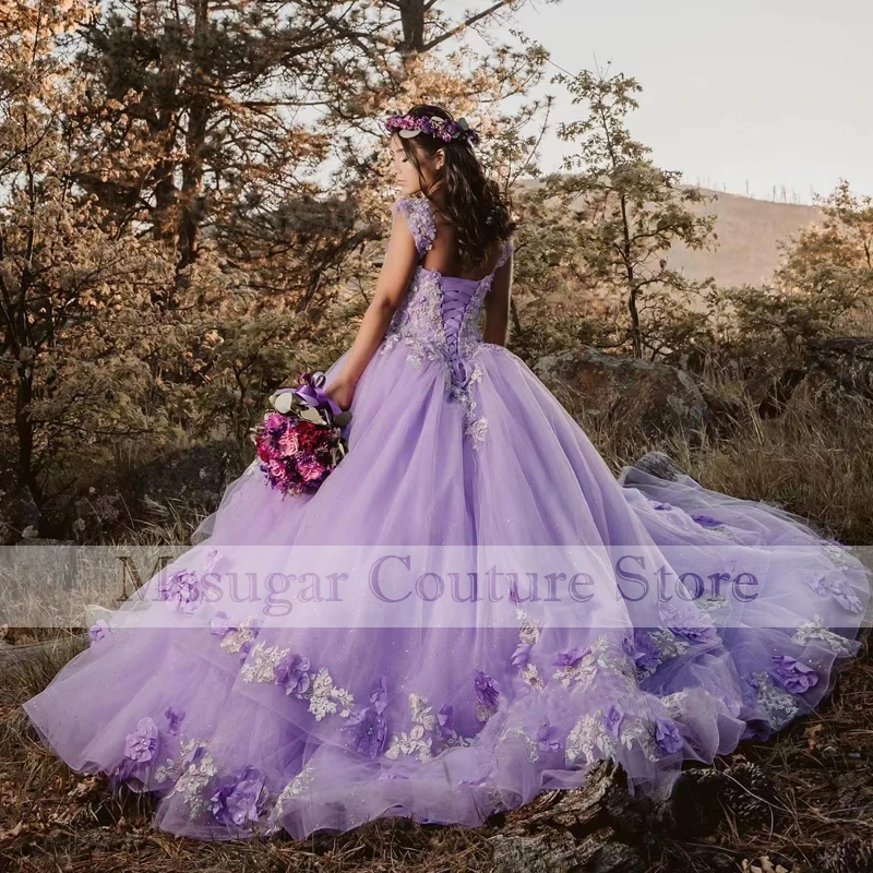 2022 الأرجواني الدانتيل فساتين Quinceanera الكرة ثوب يزين قبالة الكتف الحلو 16 فستان المشاهير Vestidos دي Quinceañera