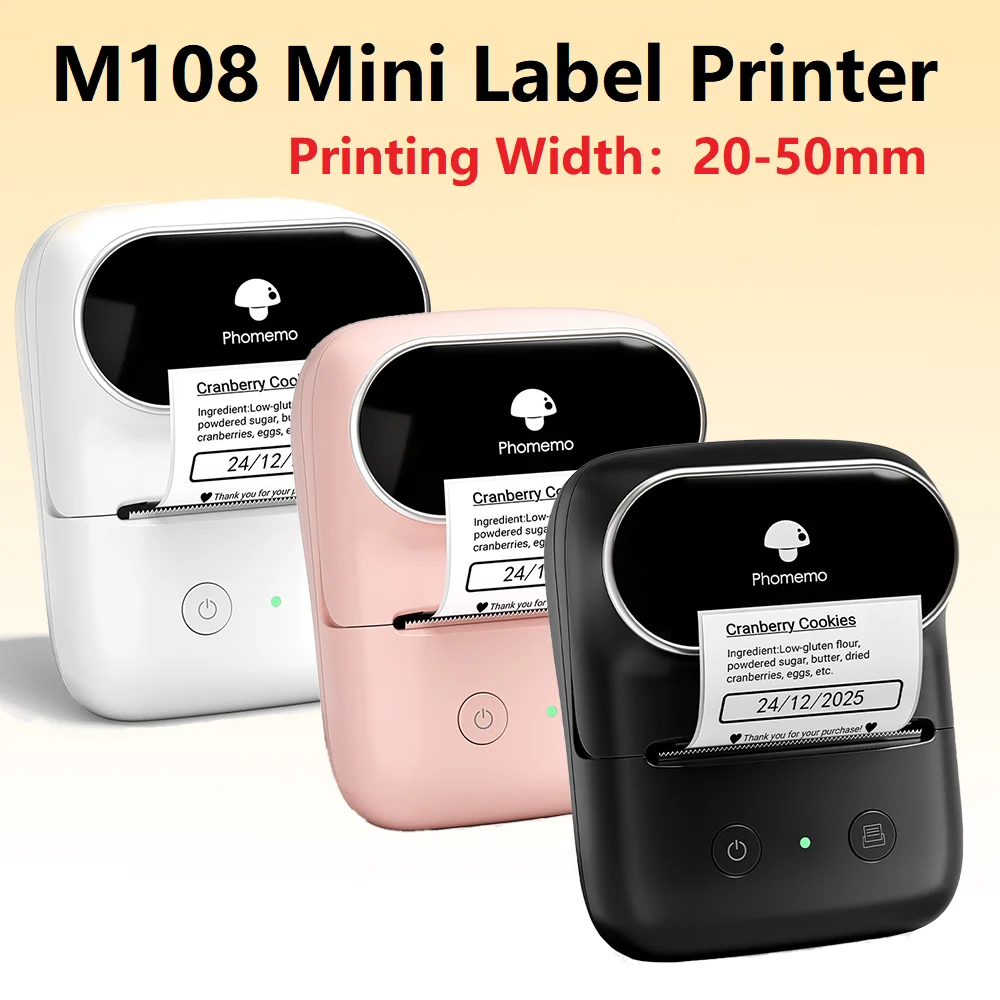 Phomemo M108 Mini Label Printer Thermal Wireless Bluetooth Label Makers 20-50mm Multiple Size Labels DIY for office or home