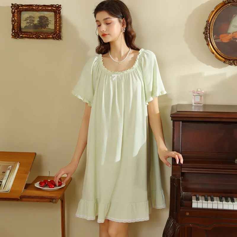 Solid Color Round Neck Women's Summer Pajama Set Short Sleeves Cotton Loose Fit with Large Size Skirt Sweet Princess Style