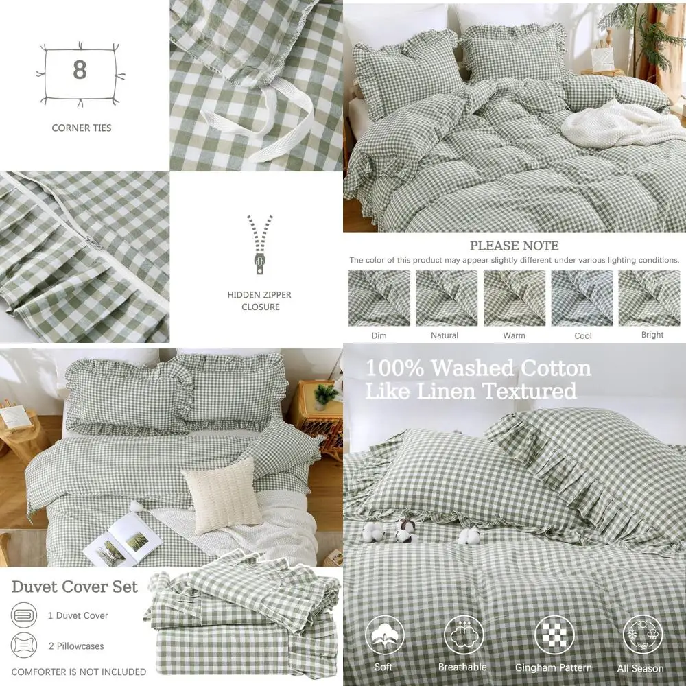 

Комплект постельного белья из 3 предметов: пододеяльник в зеленую клетку, 100% хлопок, текстура как лен, мягкий, дышащий, милый, в клетку, в стиле ретро