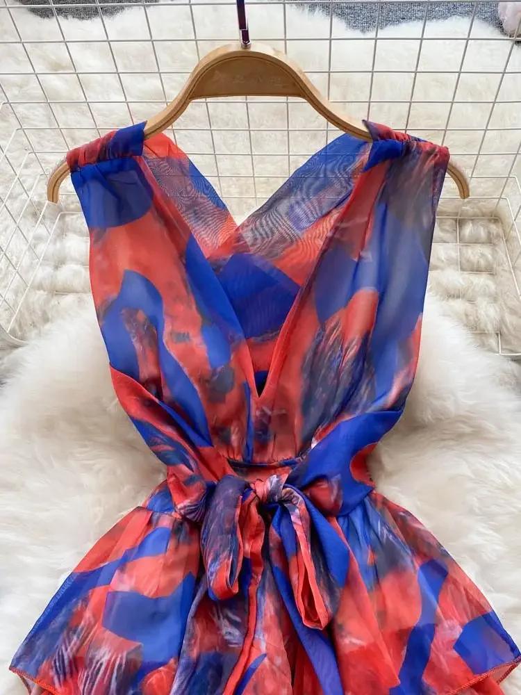 Robe longue bohème à volants en cascade pour femmes, robe maxi sexy, col en V, dos évidé, taille haute, vacances, plage, imprimé