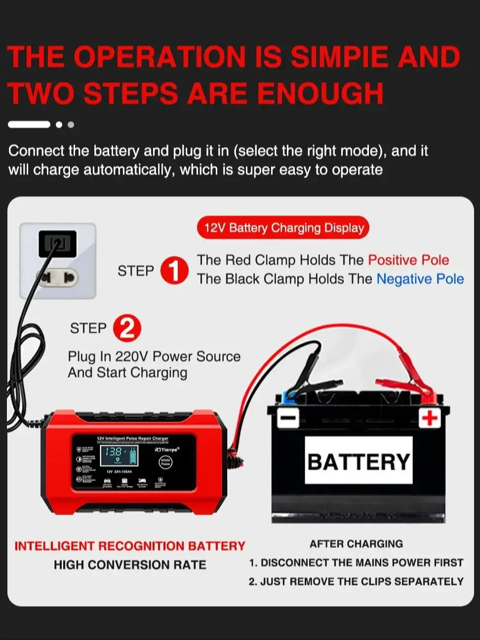 AliExpress RJtianye EU plug Car Battery Charger 12V 6A Pulse Repair Smart Fast Charge AGM Deep Cycle GEL Lead-Acid Charger For Auto Motorcycle