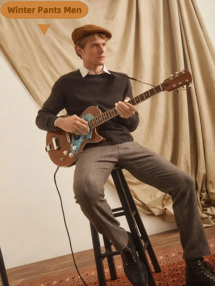 

British Man Pants Herringbone Wool-Blend Luxury Men Suit Trousers Daily Business Slim Straight Men's Dress Pants Winter Clothing