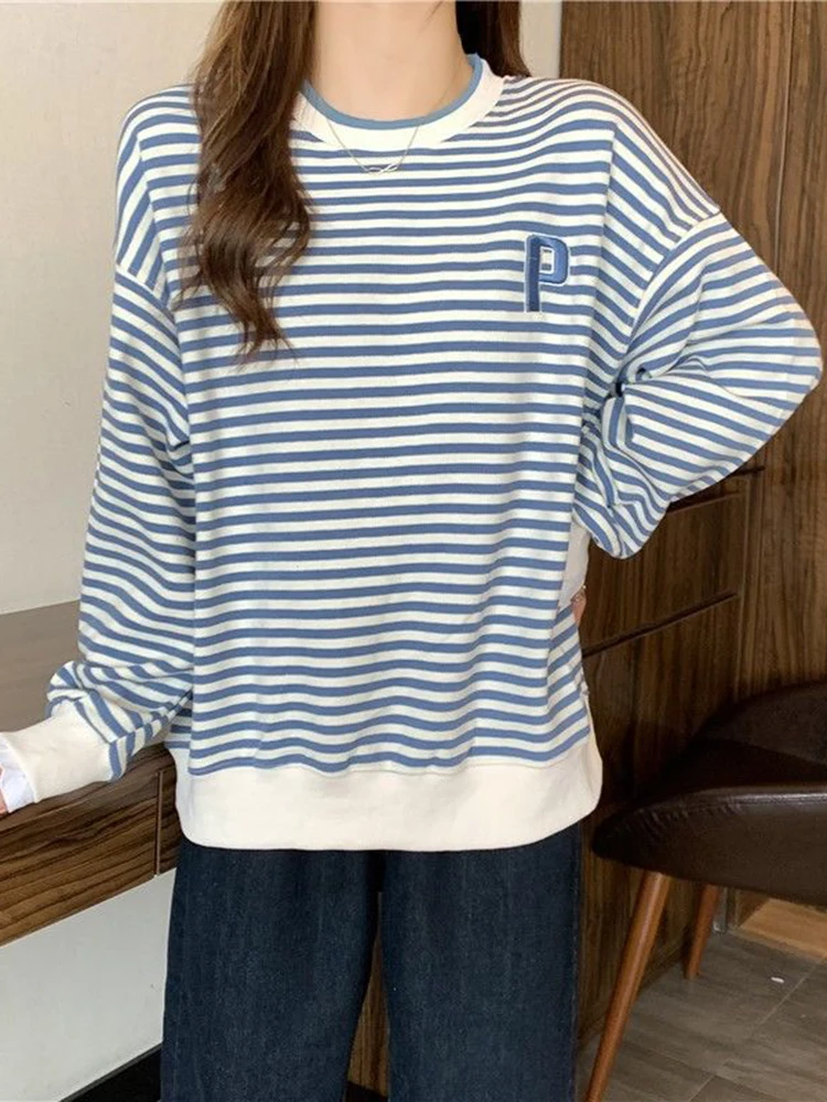 Zoki Casual Korean Loose Striped Sweatshirt Women Fashion Letter Embroidery Long Sleeve O Neck T Shirt Sweet Preppy Style Tops