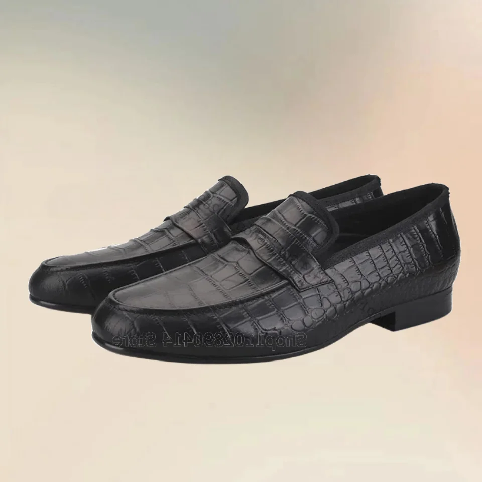 Mocassins de crocodilo preto masculino impressão Low Top, deslizamento sobre sapatos, artesanal, luxo, festa, banquete, escritório, vestido, moda