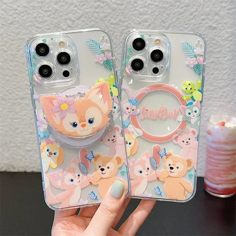 Cute Lingna Belle Duffy Bear Clear Magsafe Wireless Charge Case For iPhone 11 12 13 14 15Pro Max Cartoon Magnetic Stand