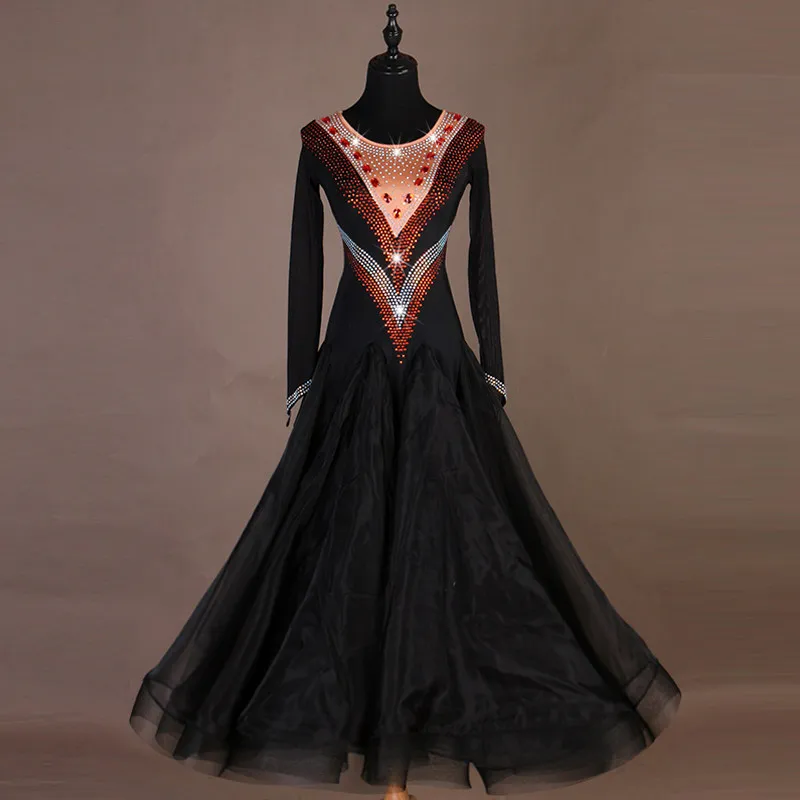 Round neck long sleeve ballroom dance dress with double‑layer V‑shaped color contrast rhinestone decor and full skirt,suitable f