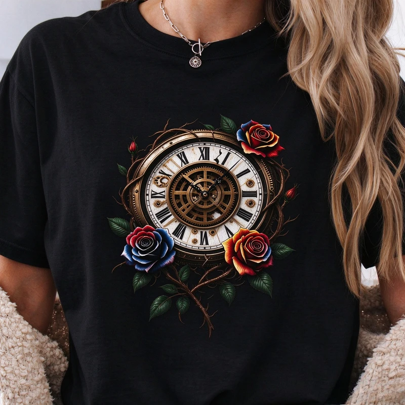 Unisex Steampunk Clock Rose Graphic T Shirt Vintage Mechanical Watch Floral Thorns Short Sleeve Casual Street Tee Harajuku Tops
