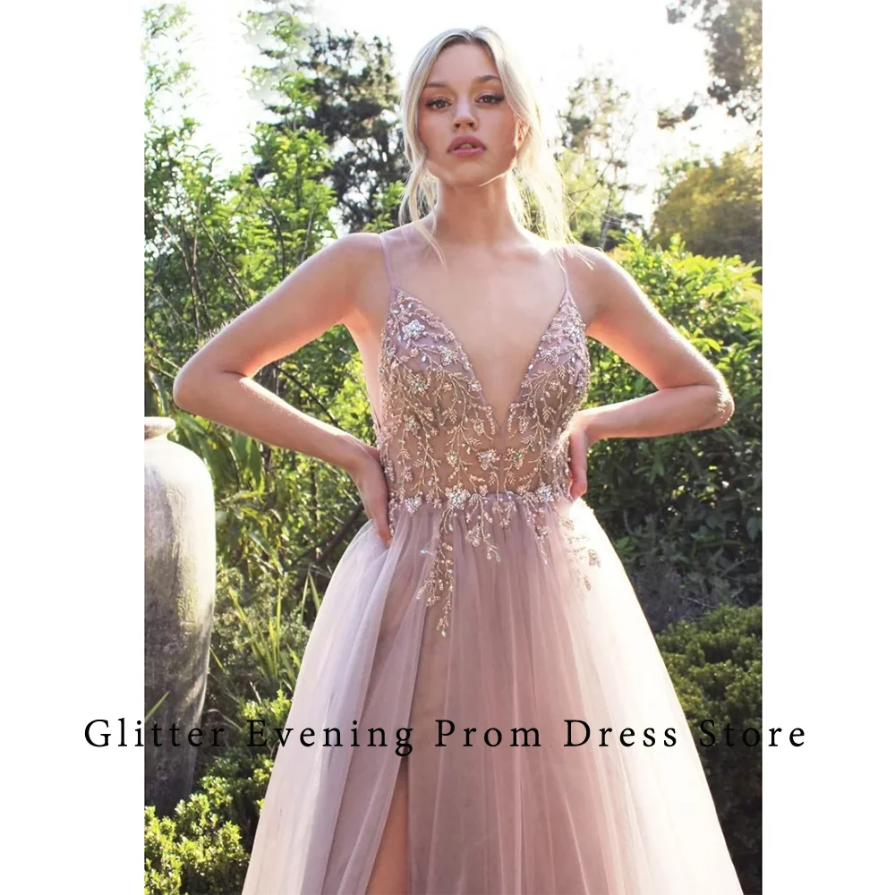 Sexy Prom Dresses For Women A-Line V-Neck Slide Split Spaghetti Strap Tulle Beading Backless Custom Birthday Evening Party Grows