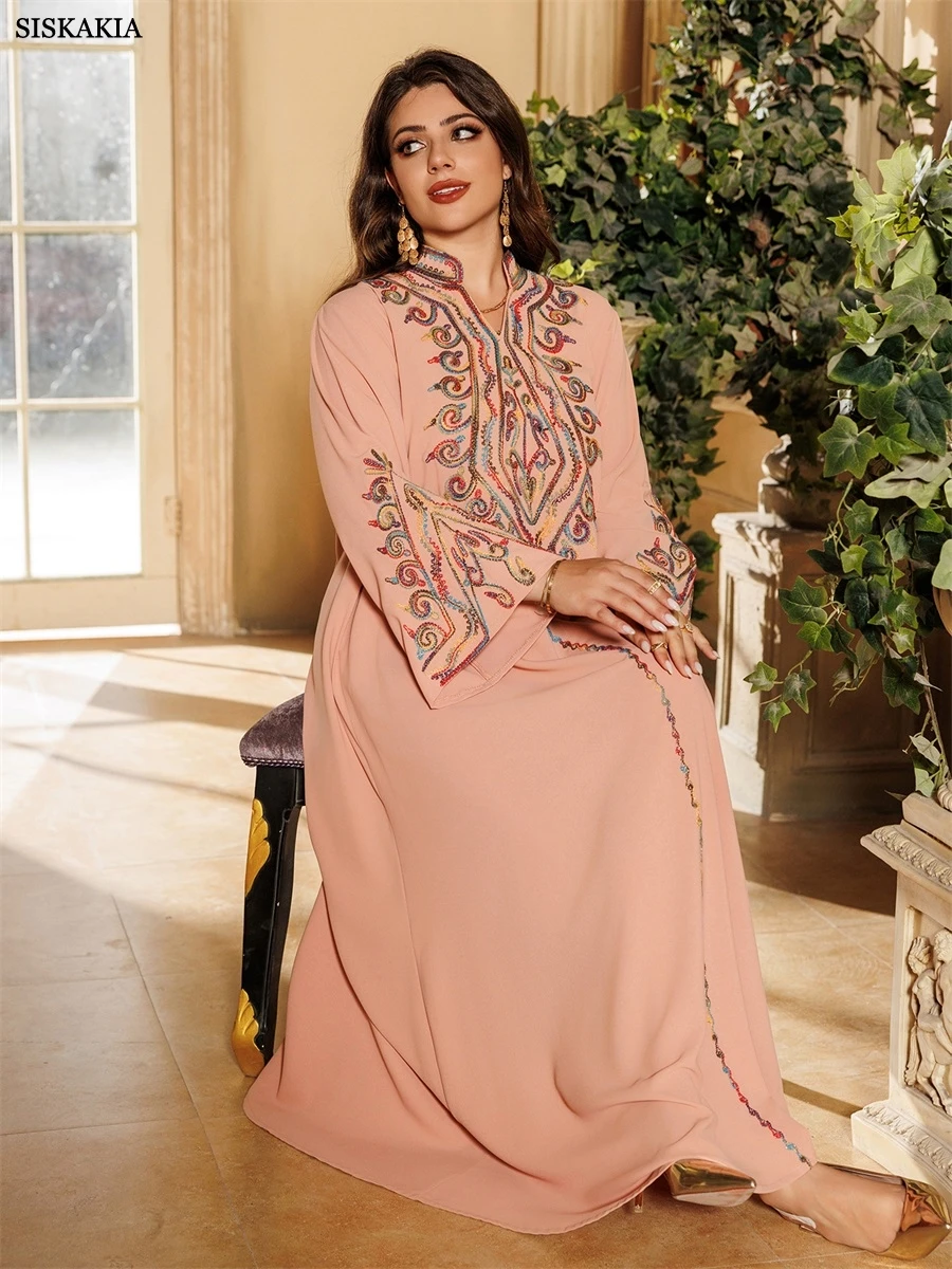 Siskakia ramadan bordado elegante solto abaya para mulheres muçulmanas sólido maxi vestido kaftan vestidos das mulheres dubai