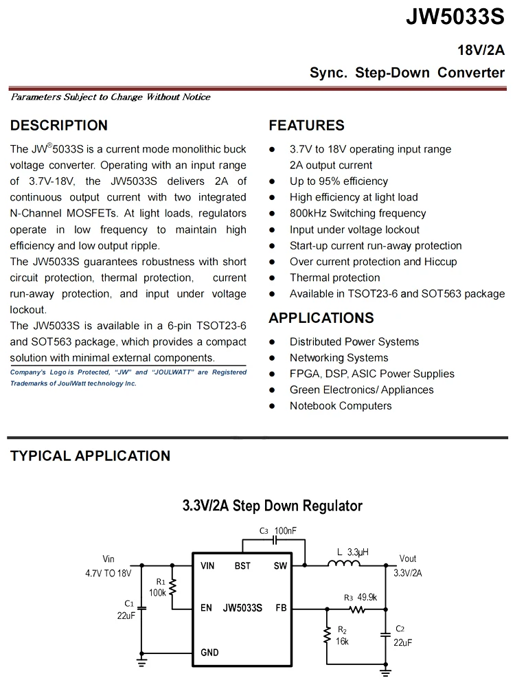 JW5033S JWHSJ TPS563200DDCR 320 SOT23-6 10pcs 800kHz 650kHz 3.7V-18V 2A 3A Synchronous Step-Down Converter buck regulator