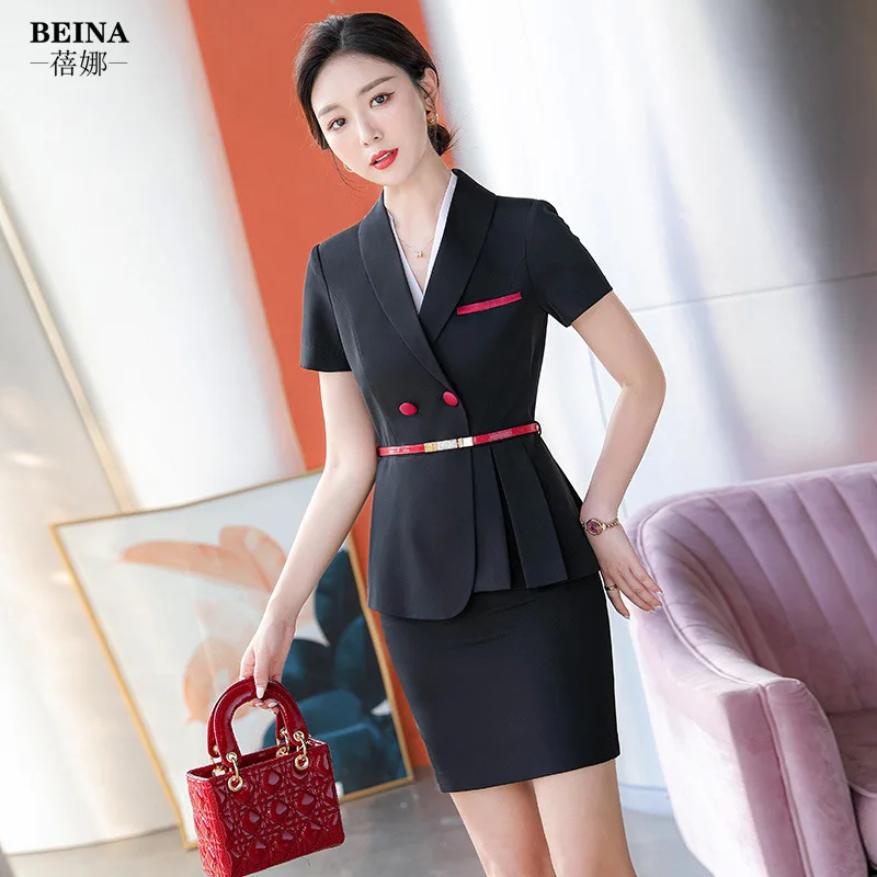 Zdjęcie 3: Profesjonalny garnitur damski letni elegancki z krótkim rękawem, marynarka, sukienka, odzież robocza do salonu kosmetycznego, sklepu z biżuterią, hotelu, na recepcję.