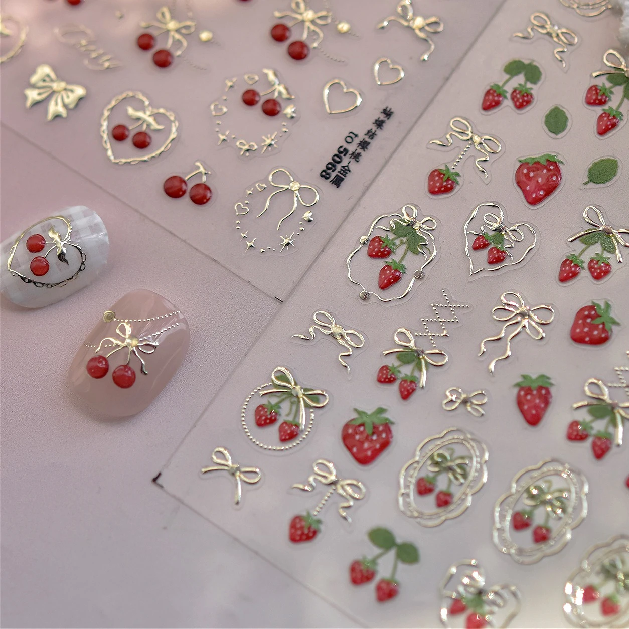 

Gold Silver Strawberry Cherry Line Bowknot Love Heart Green Leaves Self Adhesive Nail Art Stickers 5D Manicure Decals Wholesale