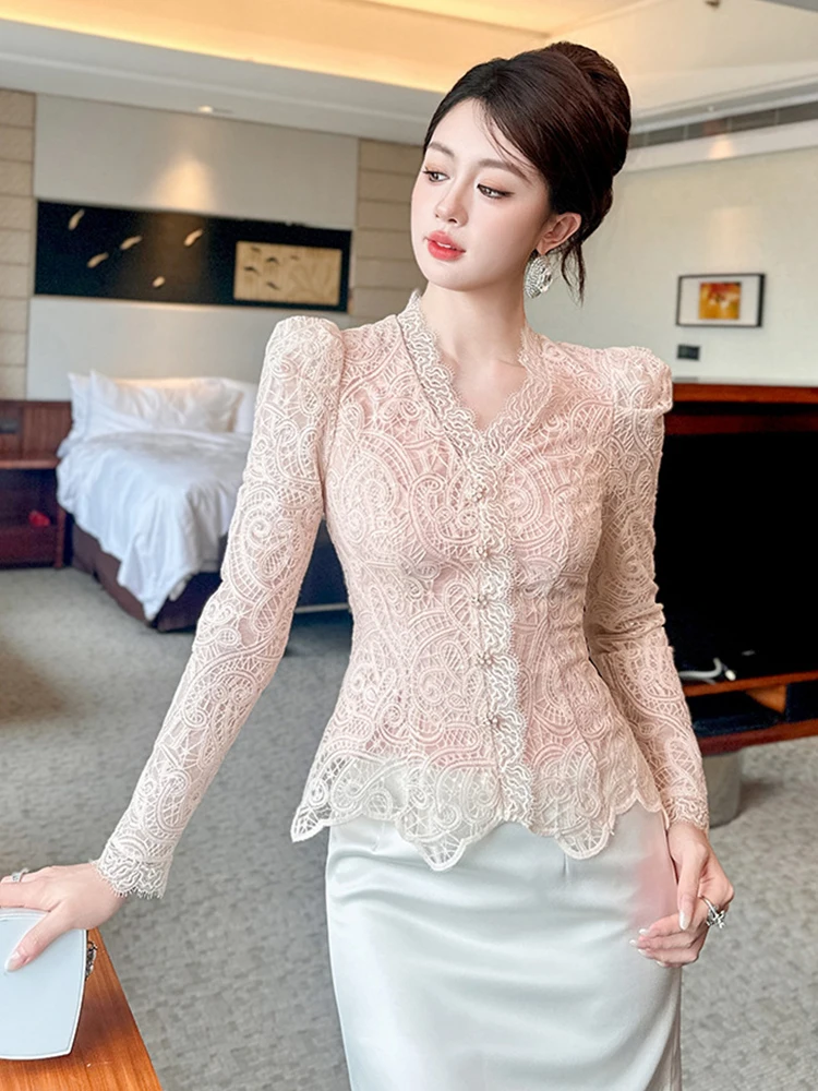 

Элегантная розовая кружевная рубашка с баской, женская изысканная блестящая рубашка со стразами и пуговицами, однобортные топы, женские вечерние коктейльные топы на день рождения