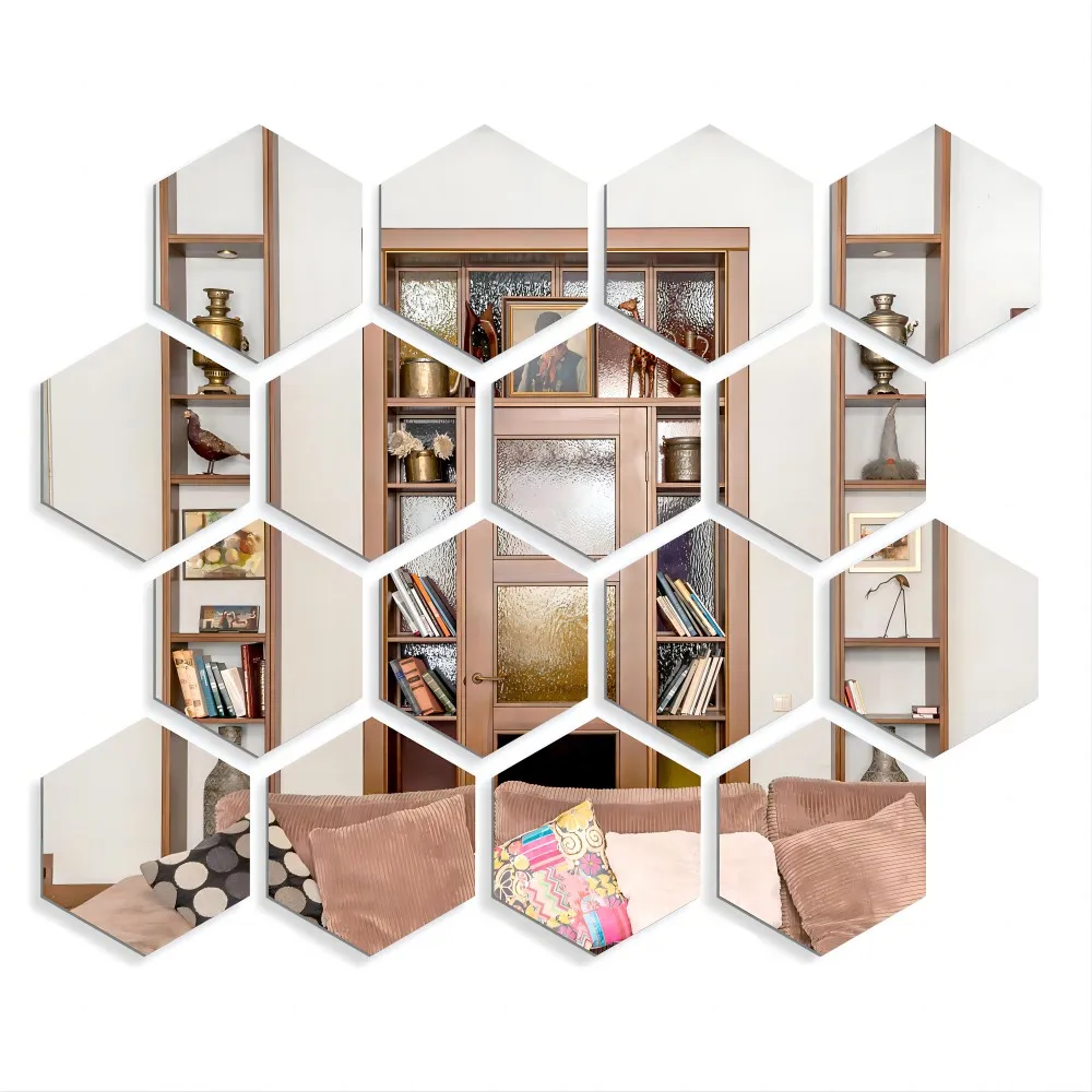 48PCS Hexagon Acrylic Mirror Wall Sticker Self-adhesive Removable Hexagon Decals Mirror Wall Home Room Decoration Mirror