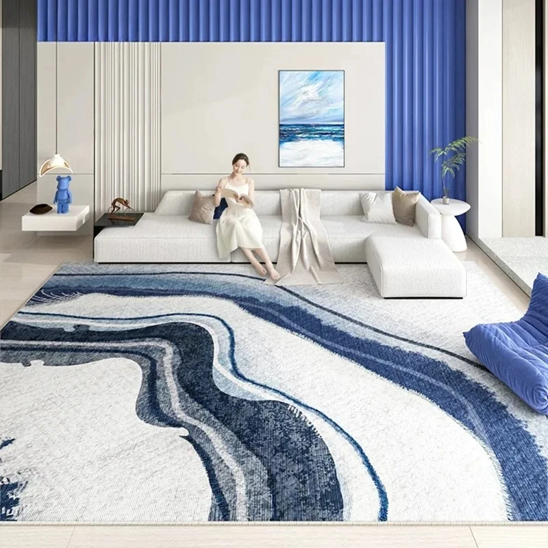 VIKAMA Minimalist Curve Large Living Room Rug, Contemporary Blue Abstract Wave Pattern Non Skid Area Carpet for Home Decoration