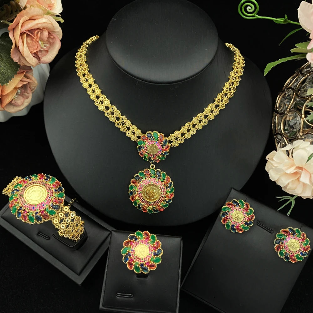 

JRH Нигерия свадебный аксессуар элитный дизайн позолоченный медный комплект ювелирных изделий циркон модное ожерелье браслет серьги кольцо