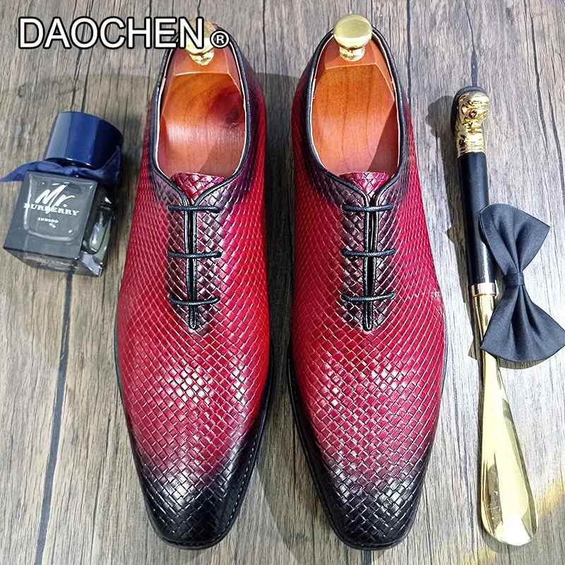 LUXURY MEN LEATHER SHOES RED BLACK LACE UP POINTED WEAVE PRINT CASUAL DRESS MAN SHOE WEDDING OFFICE OXFORD SHOES FOR MEN image 3