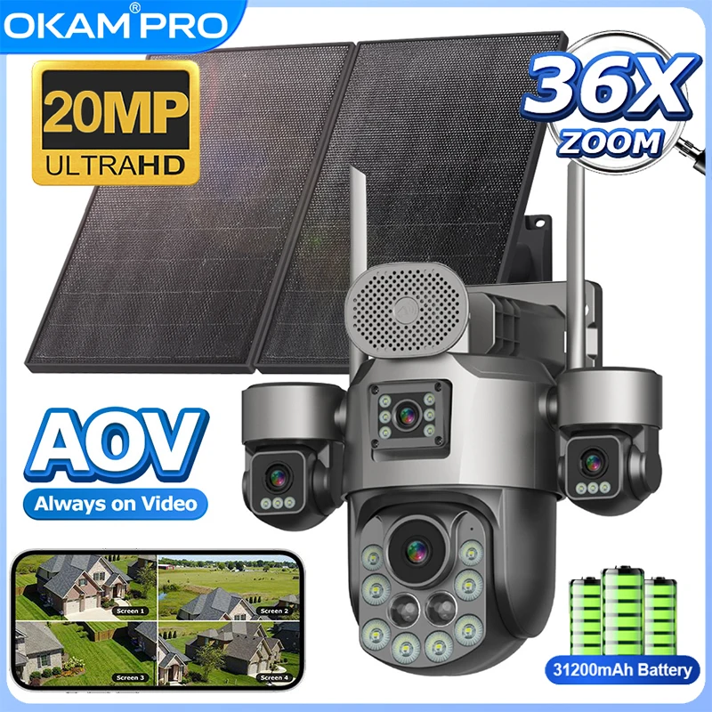 OKAM AOV Solar Camera 4 Lenses HD 20MP 4G SIM Camera 36X Optical Zoom 20W Solar Panel+31200mAh Battery Night Vision Waterproof