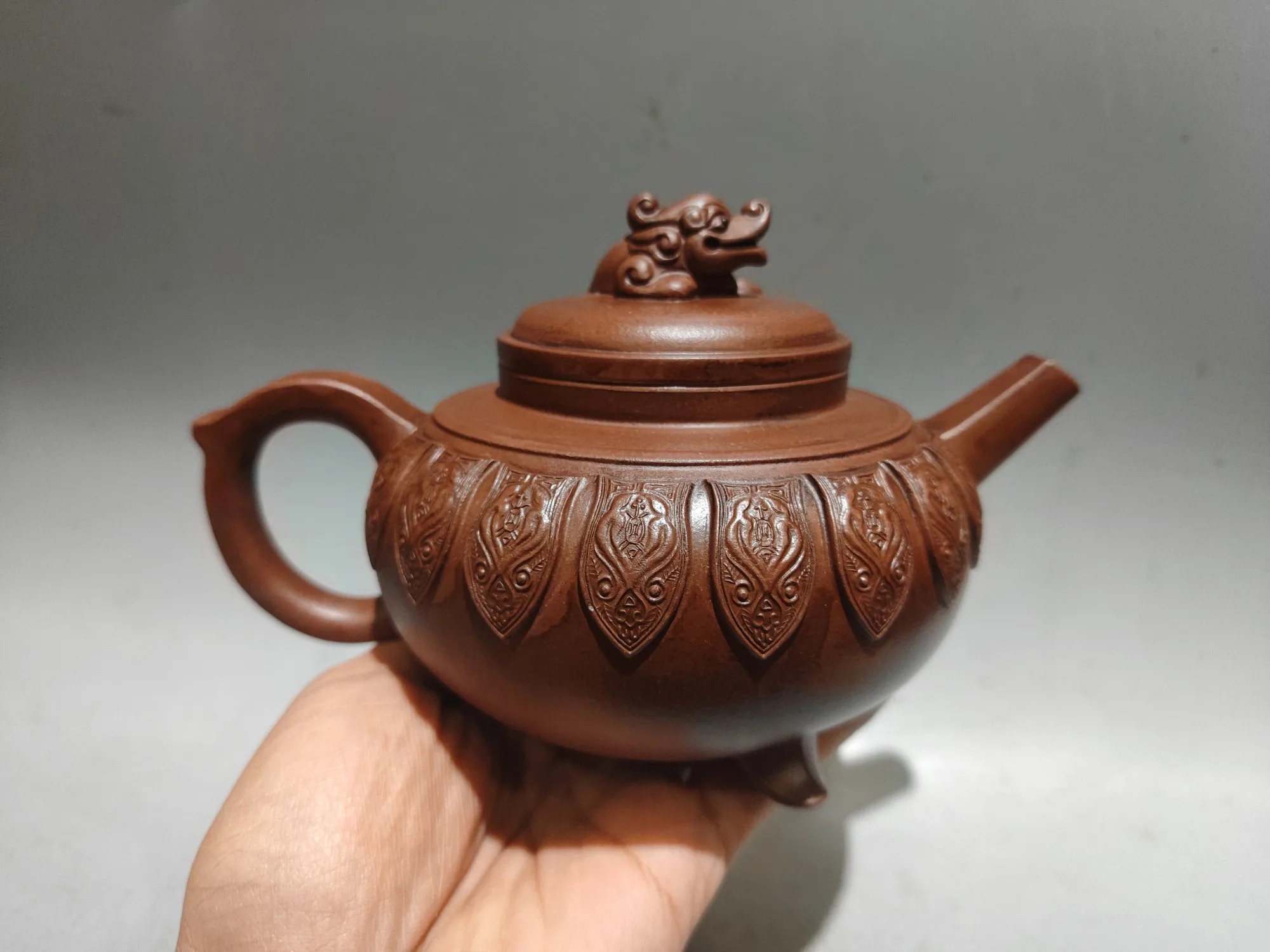 Old Chinese Handicraft Enameled YiXing Zisha (red stoneware) Teapot,Three-legged Chi Dragon Pot, Free shipping
