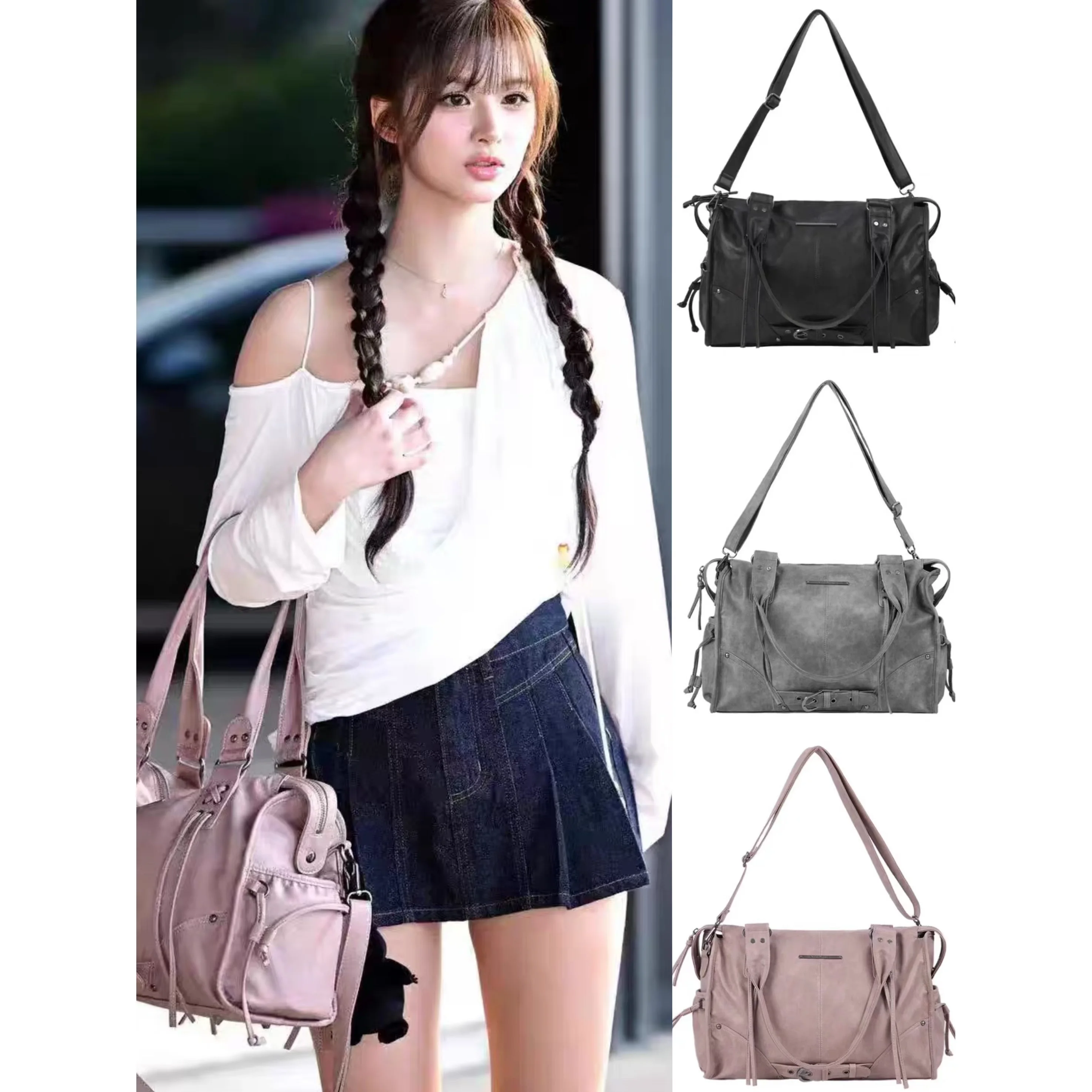 Fancy Club Large Capacity Retro Rivet Strap Crossbody Bag Women's Bag Motorcycle Bag Square Shape Soft Synthetic Leather