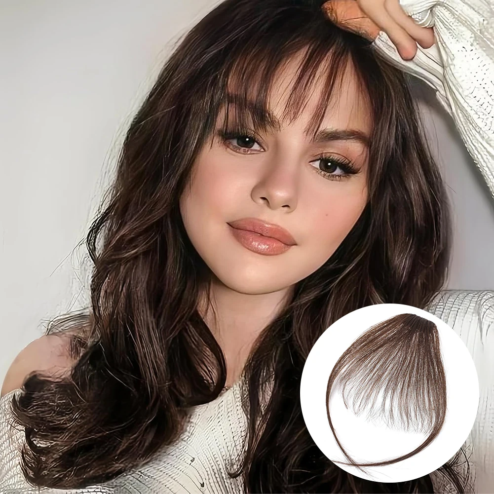 Rambut Asli Manusia 100% Lurus dengan Poni 3D dan Poni Samping untuk Wanita, Ekstensi Jepit Rambut Tipis Terlihat Alami