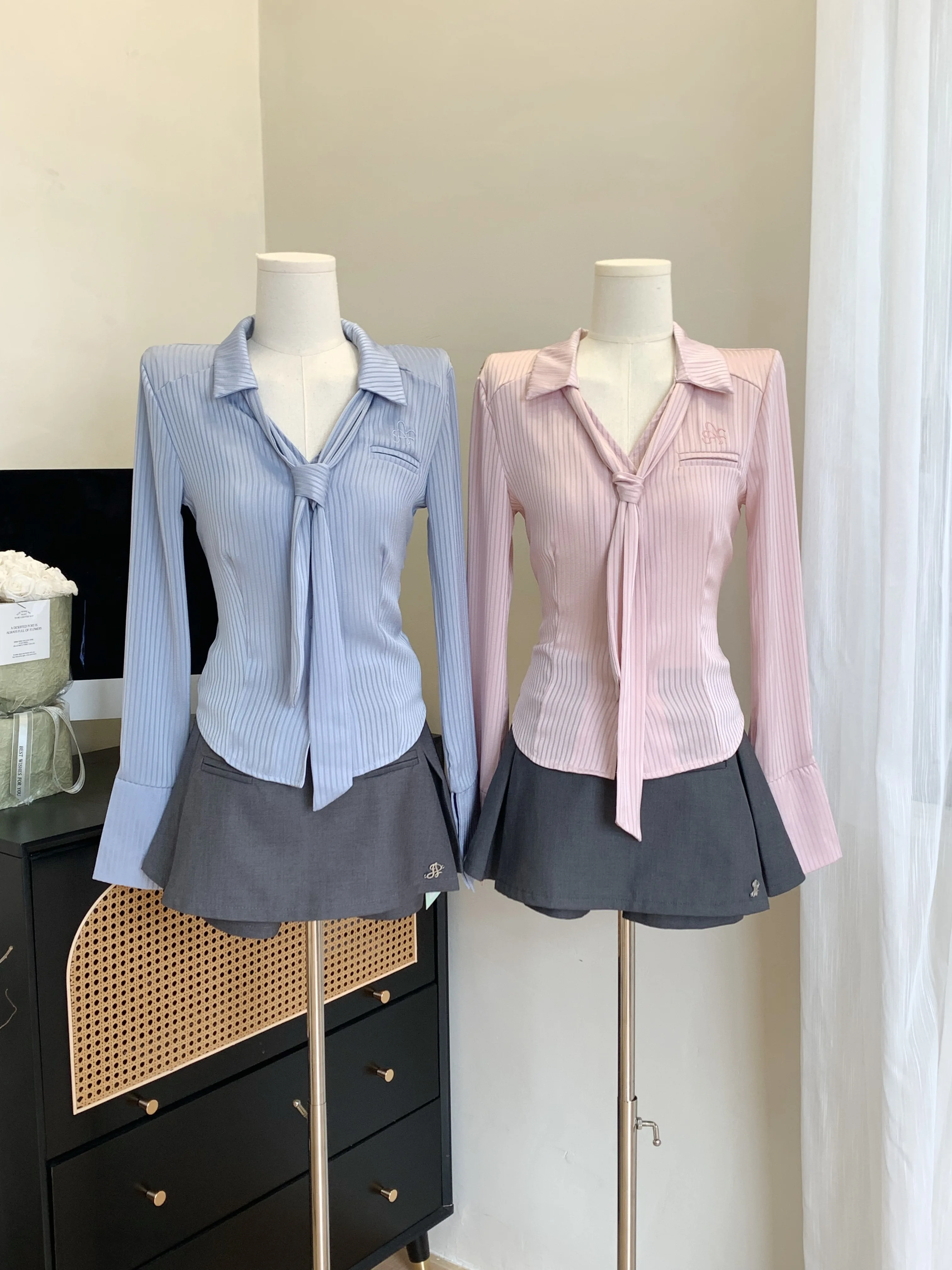 New Design Pure Desire Satin Silk Smooth Waist Shirt Long Sleeve Women's Tie Top Versatile Blue Pink Fashion