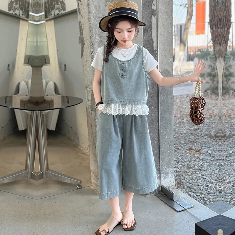 Girls Suit Summer 2026 White Short Sleeve T Shirt Denim Vest And Wide Leg Jeans Three Piece Set Casual Children's Clothing
