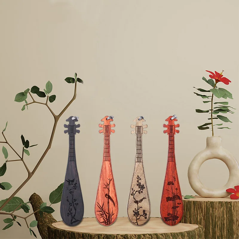 2pcs sandalwood pipa bookmark, creative wooden flower-and-bird guqin bookmark, gift for school students and teachers