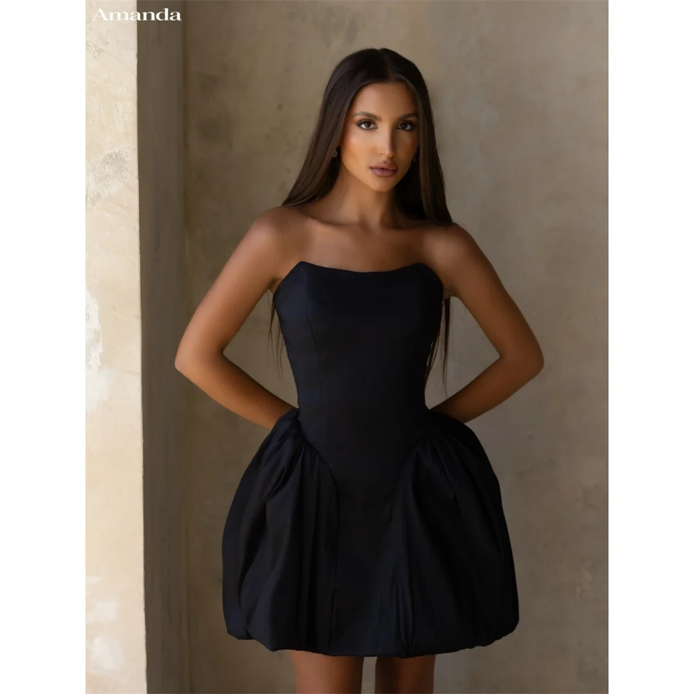 Amanda Customizd Straight‑neck Strapless Black Satin Bubble Mini dress Prom dresses Modern Minimalist Evening gown Party dresses