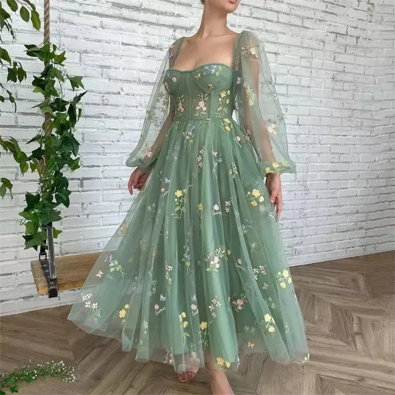 Fairy Princess Flower Embroidery Tulle Women Maxi Dress Sexy Square Neck Long Puff Sleeve Evening Prom Dresses for Girl Vestidos
