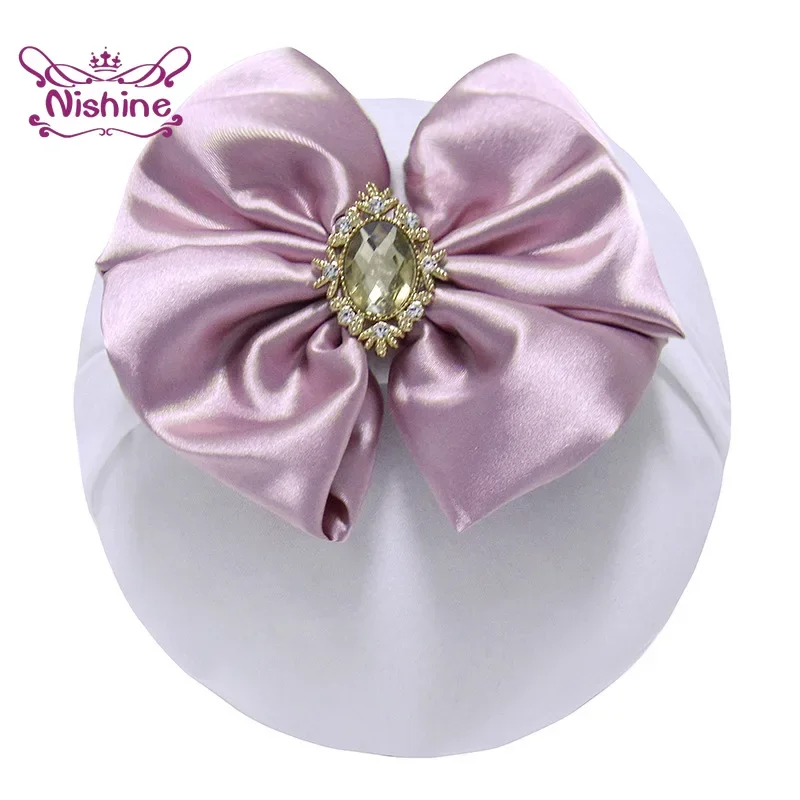 Nishine Solid Color Satin Bowknot Infant Headband with Rhinestone Baby Soft Comfortable Elastic Nylon Headwraps Kids Accessories