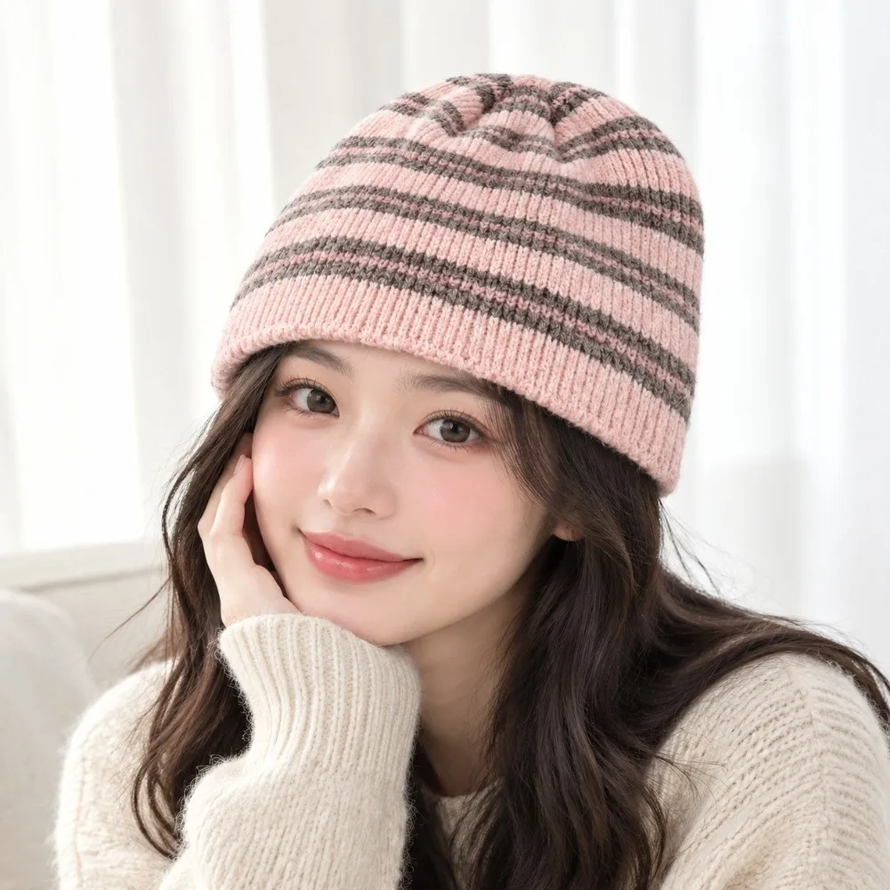 Fold-Up Wool Blend Striped Beanie Hat Color Blocked Soft Ribbed Knitted Cap Thick Windproof Warm Pullover Hat Outdoor