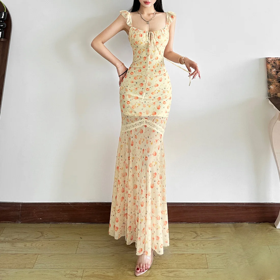 

Elegant Print Yellow Mesh Bodycon Pencil Mermaid Dress Women Summer Sleeveless Backless Ruffled Hem Luxury Party Prom Gown Robe