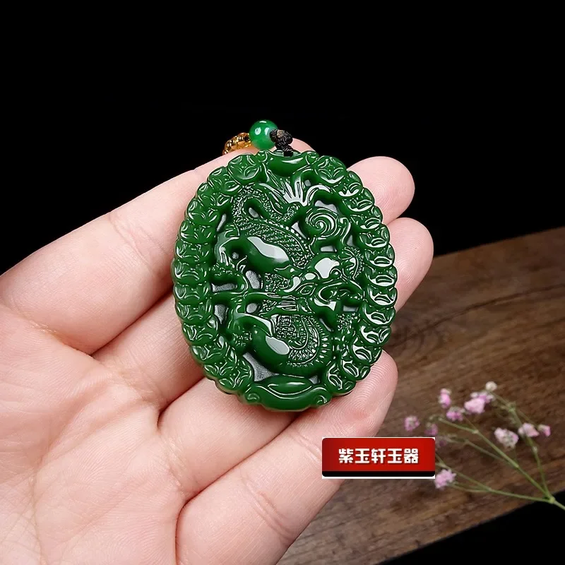 Green Jade Money Dragon Pendant Necklace Jewellery Chinese Hand-Carved Relax Healing Women Man Luck Gift Amulet Sweater Chain