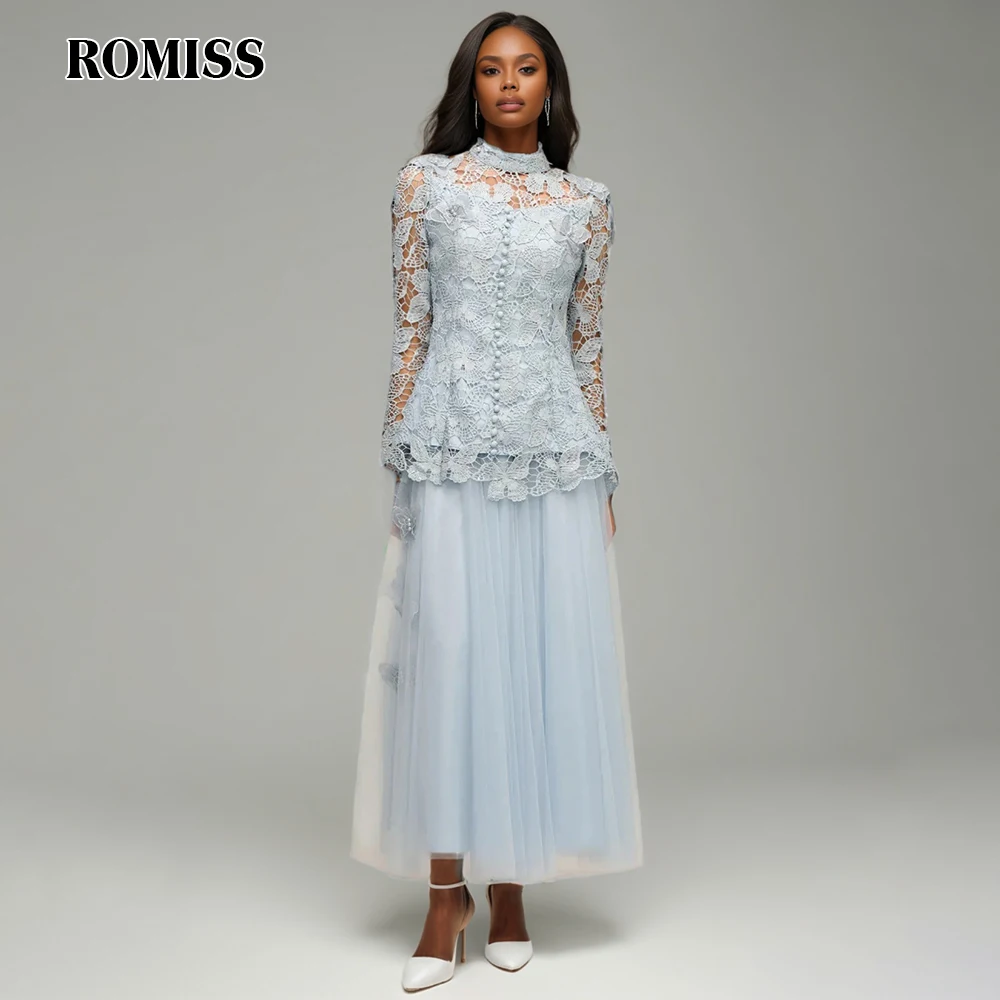 

ROMISS Solid Hollow Out Spliced Lace Two Piece Set For Women Round Neck Long Sleeves Top High Waist Skirt Sets Female New