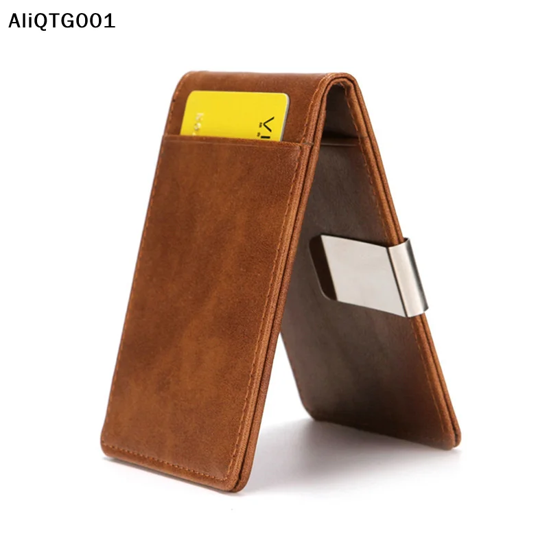 

Fashion Men's PU Leather Bifold Wallet with Money Clips Multi-functional Thin Metal Clamp Card Holder